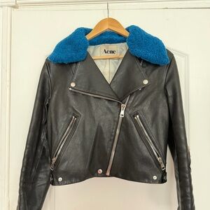 Acne Studios’s/ ACNE Women's Black Leather Moto Jacket with Blue RemovableCollar